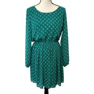 Womens Long Sleeve Blouson Dress Knee Length Round Neck Key Hole Rom Com Dress